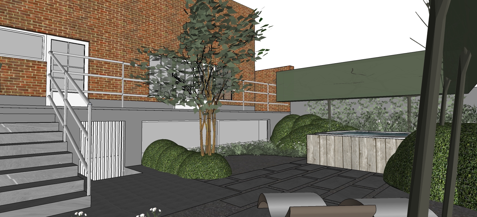 Ruime achtertuin met groen gazon, terras en beplanting, ontworpen door Delcroix